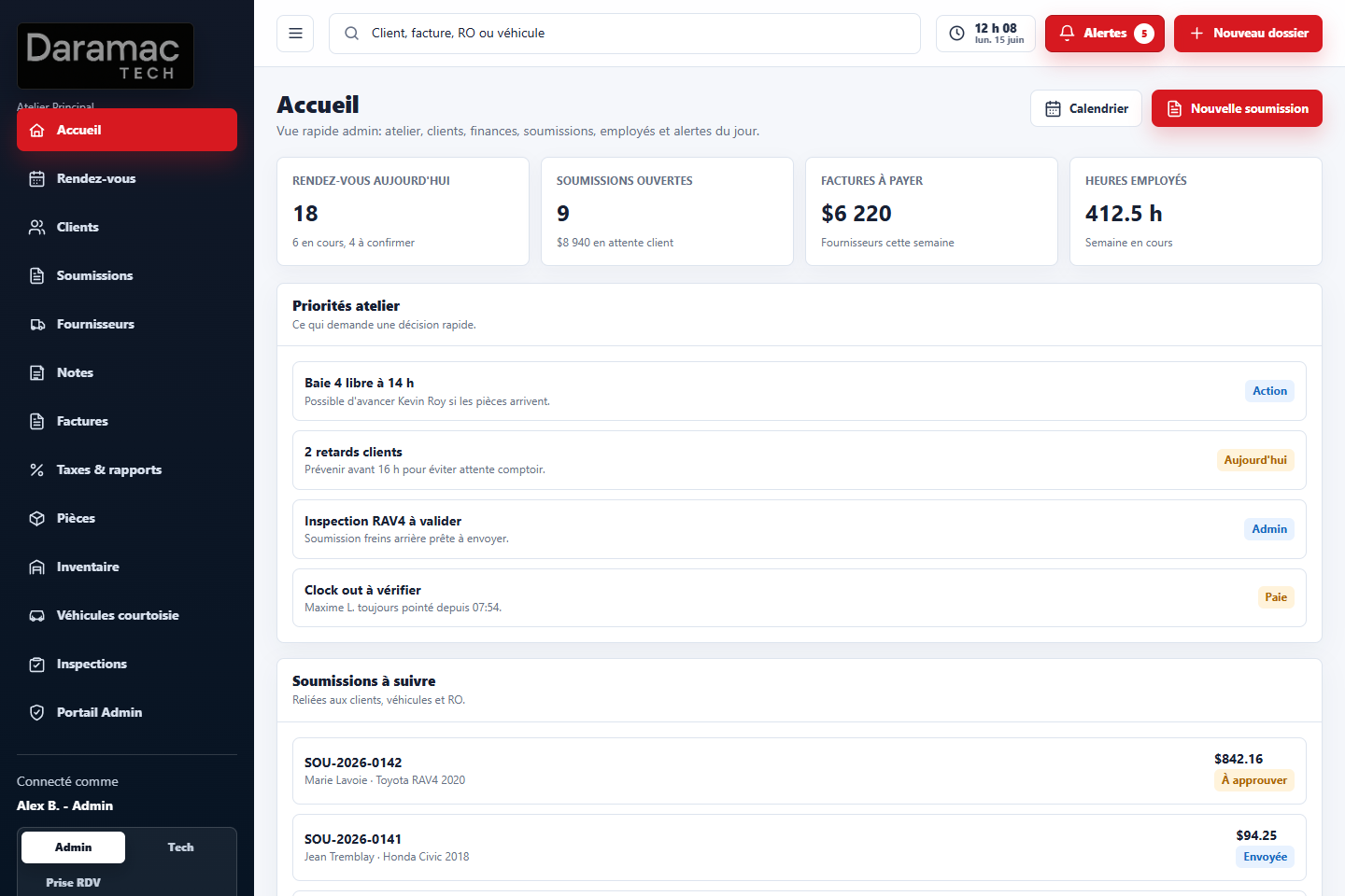 Accueil admin MecaOps